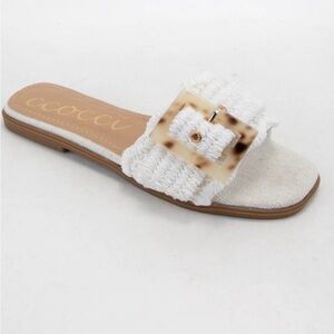 Coccoli Cream Slide Sandals with Tortoise Buckle